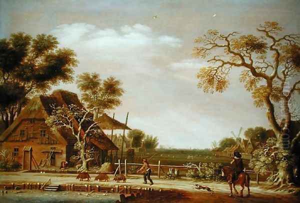Village Scene with a Man Driving Three Pigs - view 1