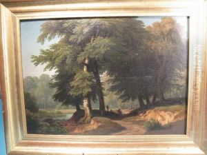 An Einem Bachlauf Gelegener Weg, Von Hohen Baumengesaumt Drei Rastende Wanderer. by Carl Jungheim