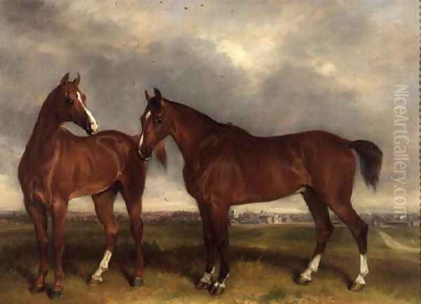 Hunters in a paddock, a town beyond - view 1