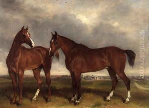Hunters in a paddock, a town beyond