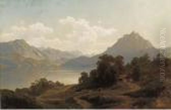 Cowherds By A Lake In An Extensive Mountain Landscape - view 1