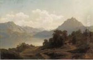 Cowherds By A Lake In An Extensive Mountain Landscape