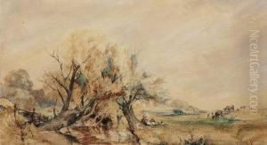 A Figure Resting Under A Tree With Cattle Beyond by Henry Jutsum