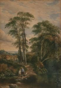 Figures By Stepping Stones Within A River Landscape by Henry Jutsum