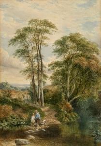 Children And Their Dog At The River's Edge by Henry Jutsum