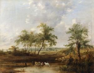 Landschaft Mit Kuhen Am Teich.