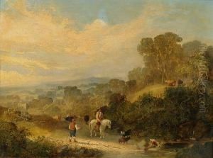 A Cattle Drover And A Traveller Passing By At A Ford