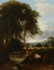 Cattle Watering By A Wooden Footbridge With Figures And A Church by Henry Jutsum