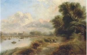 Figures And A Donkey On A Track By A River, With A Bridge And Townbeyond