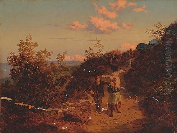 Figures Walking Along A Hillside Footpath - view 1