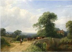 Cows Being Driven Across Stone Bridge by Henry Jutsum