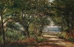 Figures On A Wooded Road, An Estuary Beyond by Henry Jutsum