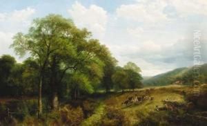 A Herd Of Deer In A Wooded River Landscape, Near Kenilworth by Henry Jutsum