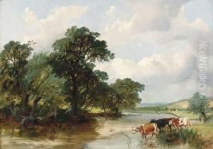 Cattle Watering In A Wooded River Landscape by Henry Jutsum