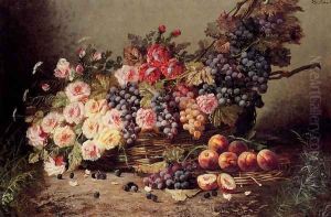 Still Life Of Roses, Peaches And Grapes In A Basket by Modeste Carlier