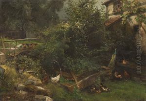 Sommerlicher Hof Mit Enten, Huhnern Und Pfau