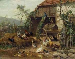 Grosser Huhnerhof Mit Pfau, Enten, Gansen