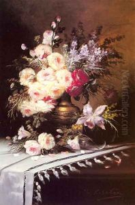 Still Life with Assorted Flowers in a Brass Vase by Modeste Carlier