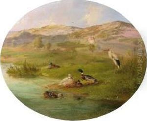Storch Und Enten Am Teich Vor Schlosshintergrund Und Hugellandschaft by Carl Jutz