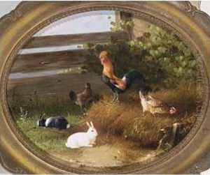 Poultry And Rabbits In A Farmyard by Carl Jutz
