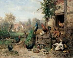 Geflugel. Vor Und Auf Einem Misthaufen Ein Pfau, Truthuhner, Huhner, Enten Und Ganse.