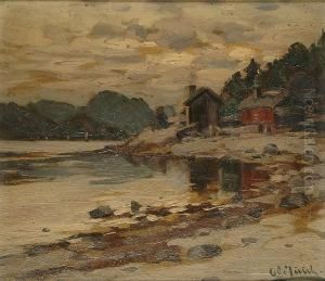 Houses On A Riverbank by Ole Juul