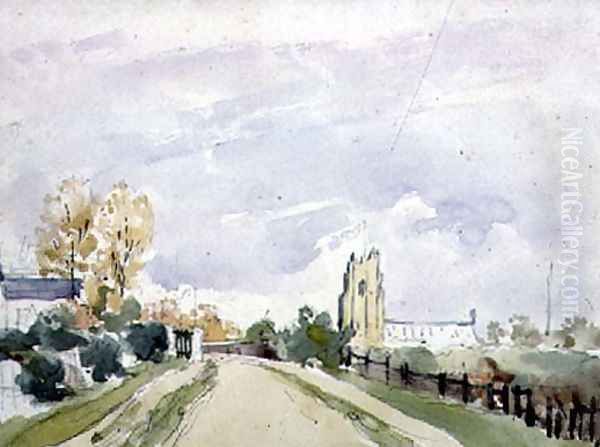 Suffolk Landscape, a wide Road with a small House, a Church and Trees - view 1
