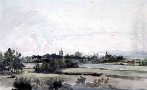 Suffolk Landscape, Fields with a belt of Trees, a Church Tower, Houses and a Windmill by Thomas Churchyard