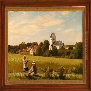 Two Children Picking Flowers Near Herfolge Church by Ludvig Kabell