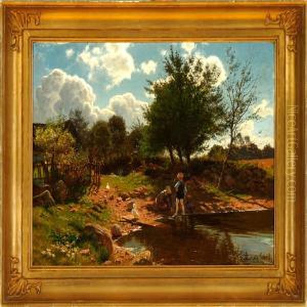 Two Children Playing At A Pond - view 1