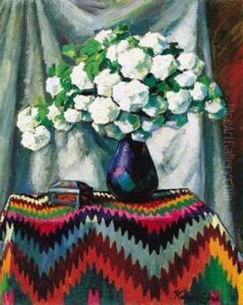 Snowball Flowers In Blue Vase - view 1