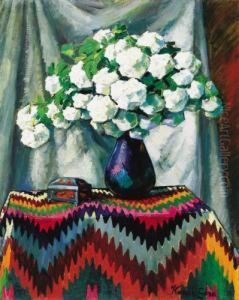 Snowball Flowers In Blue Vase by Geza Kadar