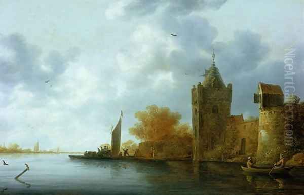 River estuary with a tower and fortified walls, ferry embarking - view 1