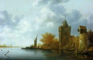River estuary with a tower and fortified walls, ferry embarking by Jan Coelenbier