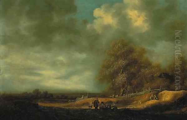 An extensive dune landscape with peasants resting by a path - view 1