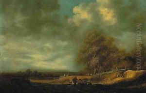 An extensive dune landscape with peasants resting by a path