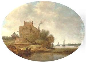A river landscape with peasants fishing near an inn by Jan Coelenbier