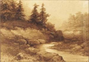 A Hilly Wooded River Landscape by Frederick Hendrik Kaemmerer