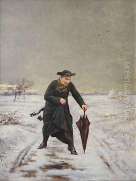 Parish Priest out in the Snow - view 1