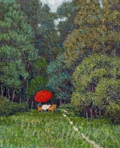 Landschaft Mit Rotem Sonnenschirm by Max Kahrer