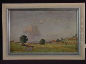 Bayrische Landschaft Mit Bachlauf Und Ortschaft by Richard Kaiser