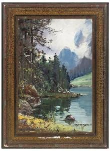 Autumnal Landscape; Docked Boats, Possibly Venice; And A Lake With Mountains Beyond by Carl Kaiser-Herbst