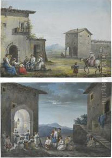 A) A Scene In The Roman 
Campagna: A Family Seated Outside A House, A Woman On A Donkey To The 
Right - view 1