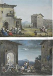A) A Scene In The Roman
Campagna: A Family Seated Outside A House, A Woman On A Donkey To The
Right by Franz Keiserman
