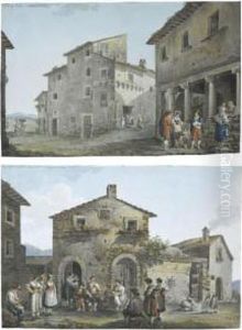 Peasants Talking By The Remains Of The Temple Of Hercules,tivoli by Franz Keiserman