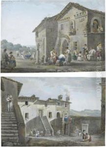 Peasant Families Seated Outside A House At Tivoli by Franz Keiserman