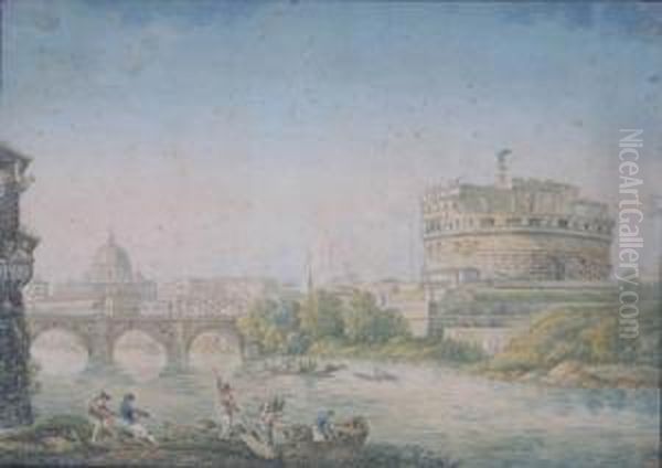 Veduta Del Tevere Con Pescatori Sullo Sfondo Di Castel San Angelo E San Pietro. - view 1