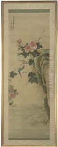Silk With A Kingfisher Perched On The Branch Of Blossoming Tree by A. Kakemono