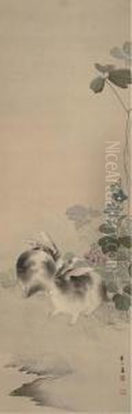 Two Rabbits On A Flowering Riverbank - view 1