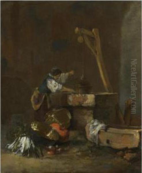 A Woman Pulling Water From A Well, A Pile Of Vegetables At Herfeet - view 1